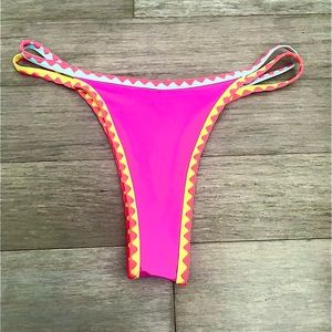 blue and white bikini top & pink bikini bottoms